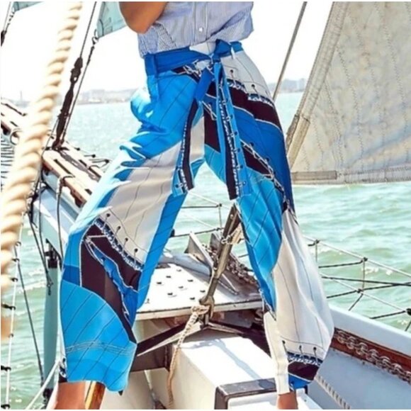 NWT $168 J. Crew‎ SZ 2 Tie Waist Wide Leg Ankle Pants Blue White Regatta Print - Picture 1 of 14